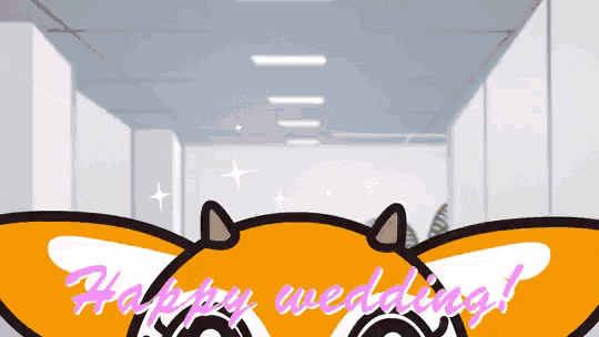 a cartoon fox with horns and the words happy wedding