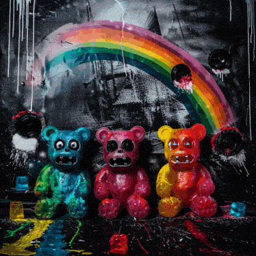 three gummy bears are sitting in front of a rainbow and speakers