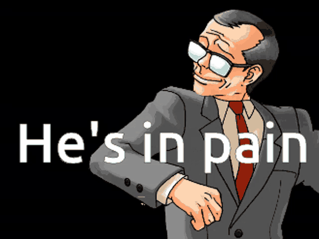 a man in a suit and tie is looking at his watch and the words he 's in pain are behind him