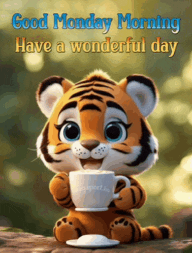 a cartoon tiger holding a cup of coffee with the words good monday morning have a wonderful day