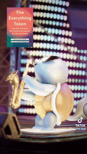 a cartoon turtle playing a saxophone in front of a book called the everything token