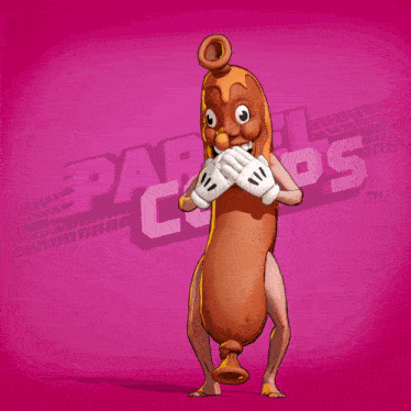 a cartoon drawing of a sausage with a big smile and a pink background that says paps tm