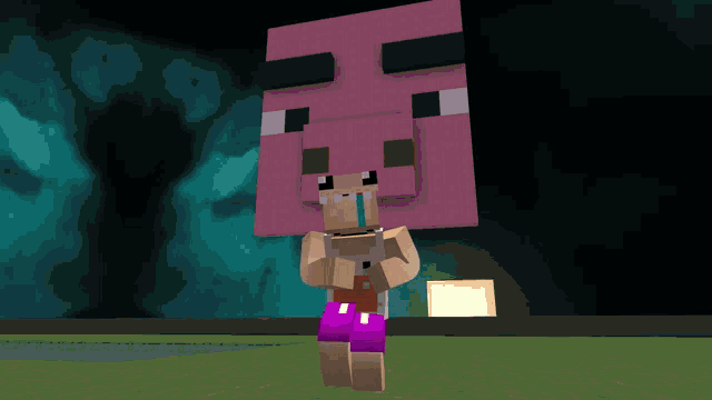 a minecraft character with a pig head on their head