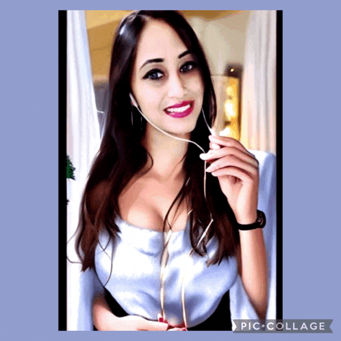 a picture of a woman with headphones and a pic collage button