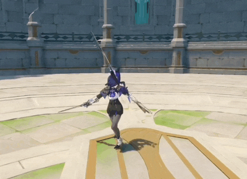 a video game character is holding a sword and a gun