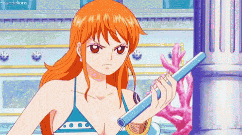 nami from one piece is holding a blue object in her hands .
