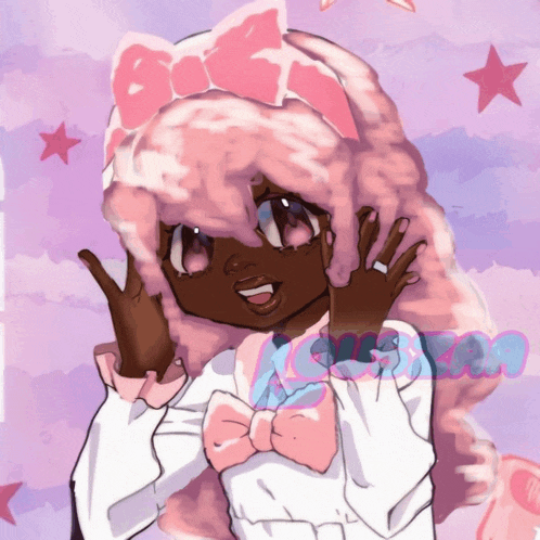 a cartoon drawing of a girl with pink hair