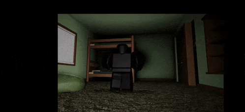 a cartoon character is standing in a dark room with a bunk bed in the background