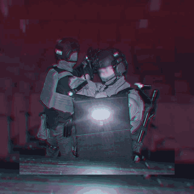a couple of soldiers are standing next to each other with lightning behind them