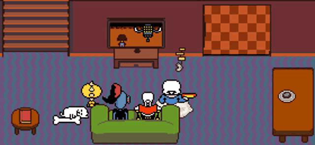 a group of cartoon characters are sitting on a couch watching a tv .