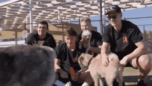 a group of men are petting dogs and one of them is wearing a t-shirt that says ' army ' on it