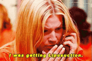 a woman talking on a cell phone with the words " i was getting liposuction " below her