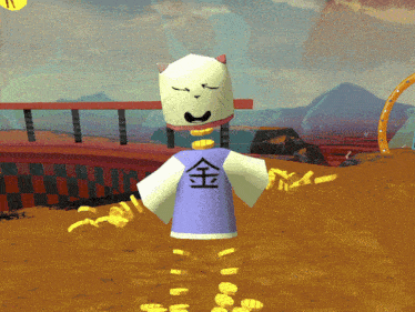 a cartoon character wearing a purple shirt with chinese characters on the back