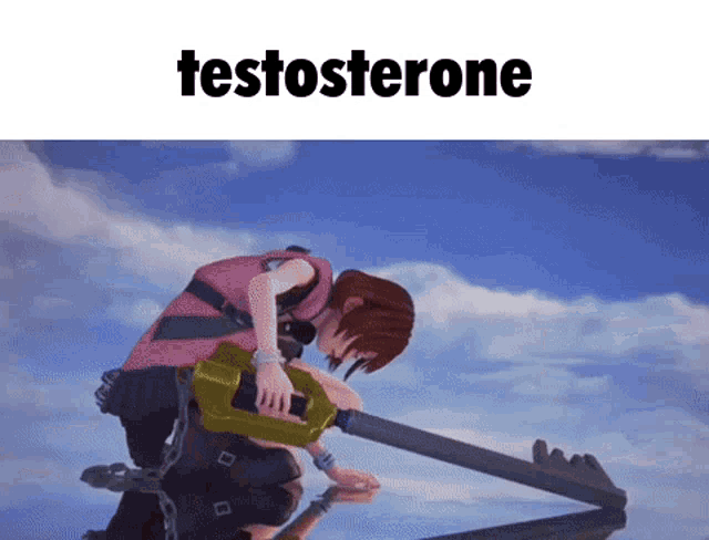 a video game character is holding a large key and the word testosterone is above her head