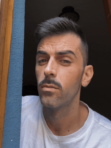 a man with a mustache and a white shirt looks at the camera