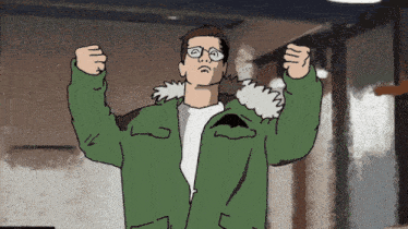 a cartoon of a man wearing a green jacket with a fur collar