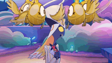 a cartoon drawing of a bird standing in front of a purple background