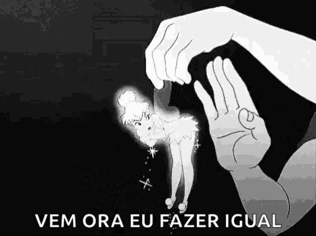 a black and white cartoon of a hand holding a knife and a fairy .
