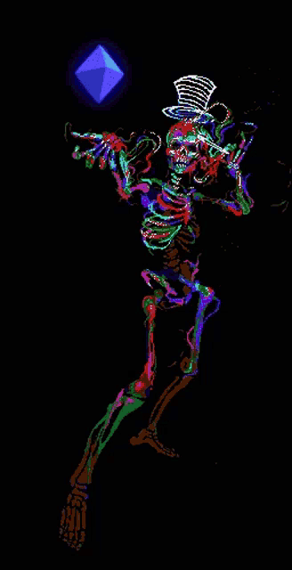 a pixel art of a skeleton wearing a top hat and holding a blue diamond