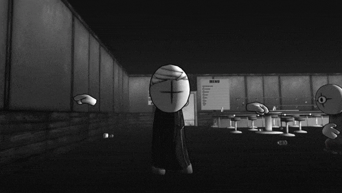 a cartoon character is standing in front of a menu board in a dark room