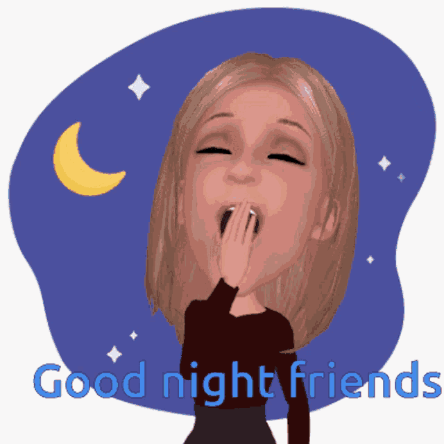 a cartoon of a woman yawning with the words good night friends written below her