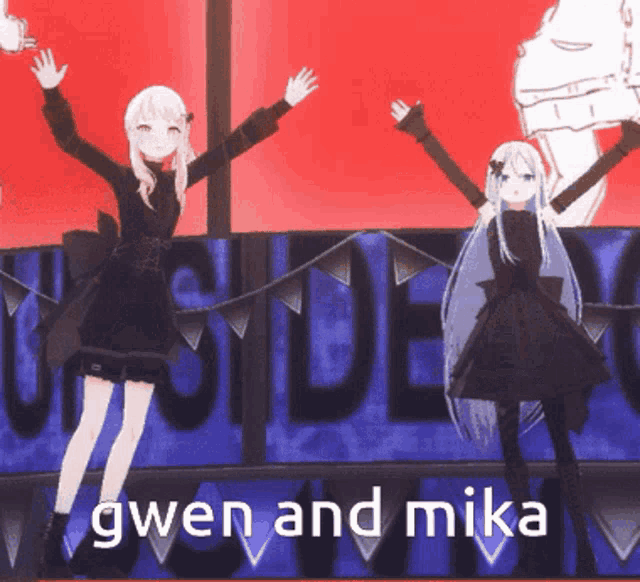 gwen and mika are standing in front of a banner