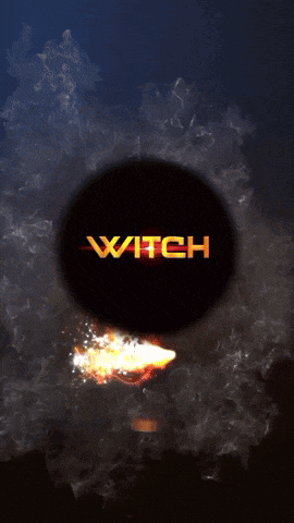 the word witch is on a dark background