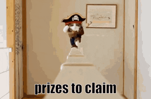 a cat in a pirate costume is jumping over a toilet with the words prizes to claim below it