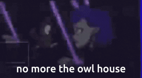 a couple of cartoon characters standing next to each other with the words no more the owl house written on the bottom .
