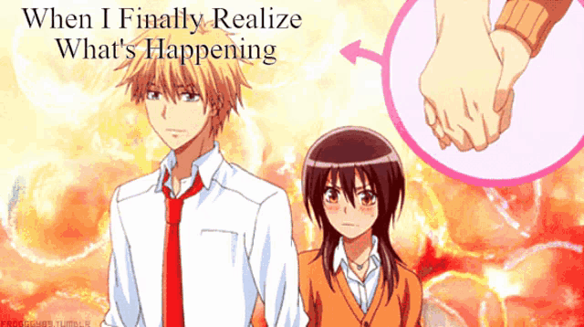 a couple of anime characters holding hands with the words when i finally realize what 's happening