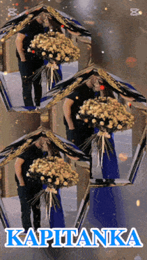 a man and woman holding a bouquet of flowers with the name kapitanka on the bottom right