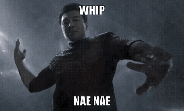 a man in a red shirt is reaching out with the words whip nae nae above him .
