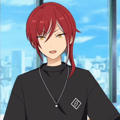 a red haired anime character wearing a black t-shirt
