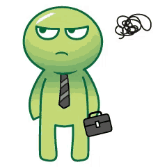 a green cartoon character with a tie and a briefcase