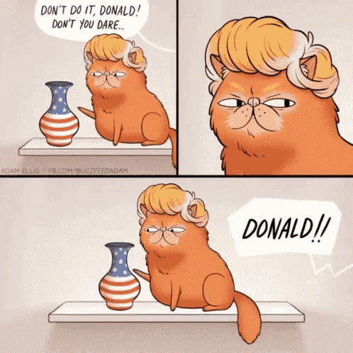 a cartoon of a cat dressed as donald trump talking to another cat