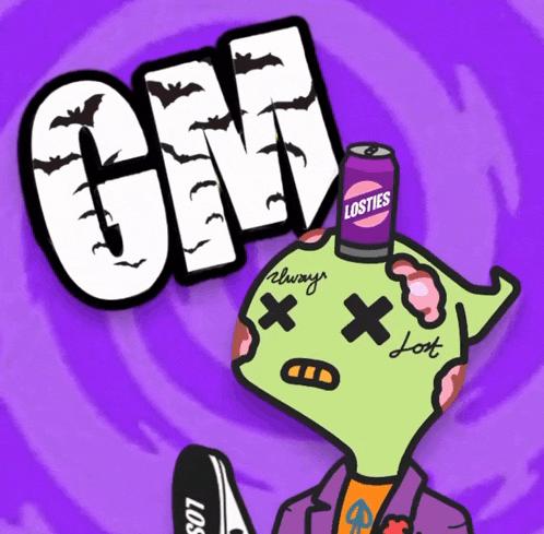 a cartoon drawing of a zombie with a can of losties on his head