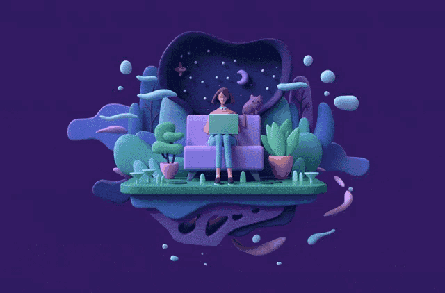 an illustration of a woman sitting on a couch holding a laptop