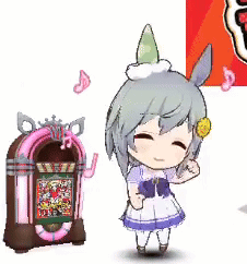 a cartoon girl is standing next to a jukebox .