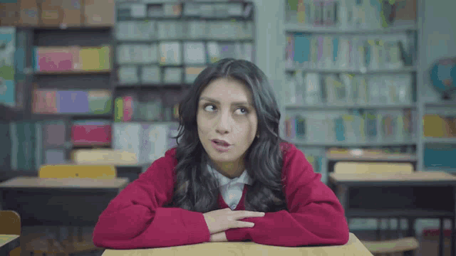 a woman in a red sweater sits at a desk