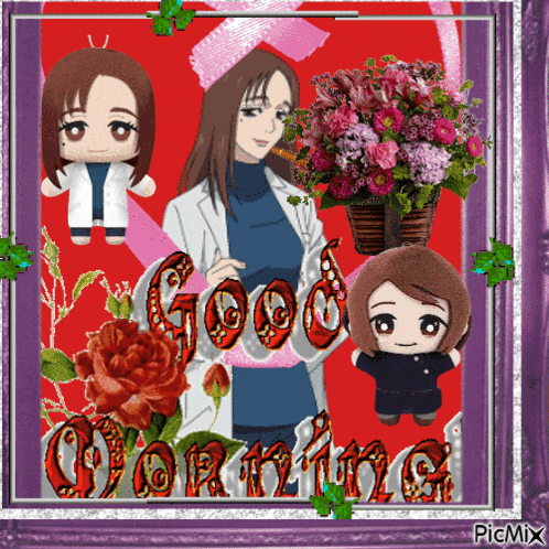 a picture of a woman with a basket of flowers and the words good morning