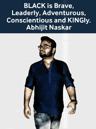 a man in a blue shirt is standing in front of a quote by abhijit naskar
