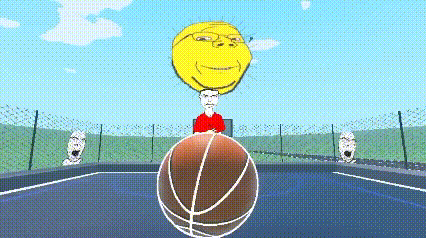 a cartoon of a man holding a basketball with a smiley face on top of it .