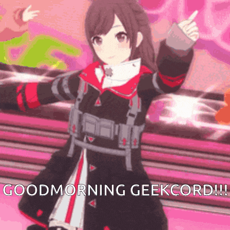 a girl in a black and red outfit is pointing at something and says good morning geekcord