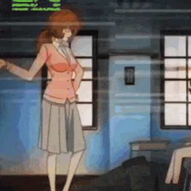 a woman is standing in front of a window with a green light above her