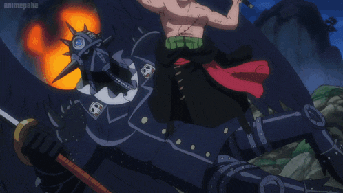 a cartoon of a man holding a sword with the word animepahe below