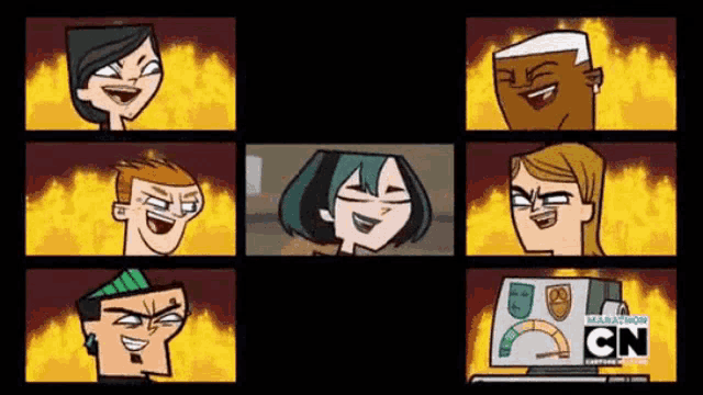 a group of cartoon characters are smiling in front of a fire and cn logo