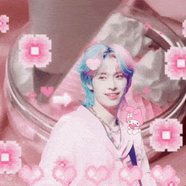 a boy with blue hair and a pink heart on his head