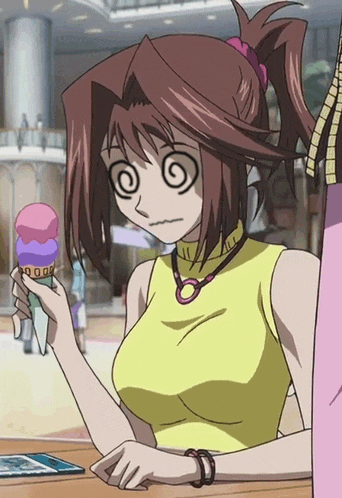 a girl in a yellow top is holding an ice cream cone with a pink and purple flavor