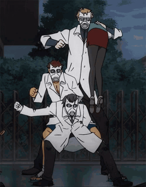 a group of people wearing gas masks are posing for a photo