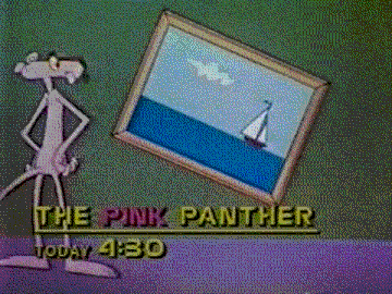 a pink panther is standing in front of a picture of a sailboat in the ocean .